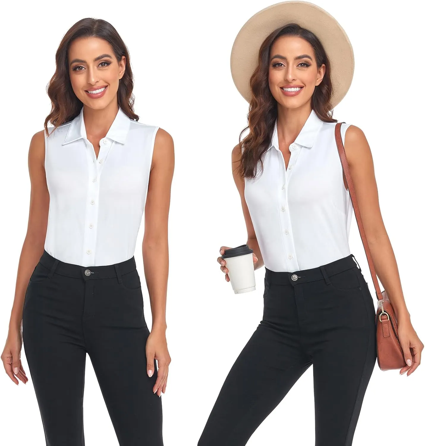 Soneven Women's Sleeveless Polo Button Down Shirt V Neck Casual Work Blouse