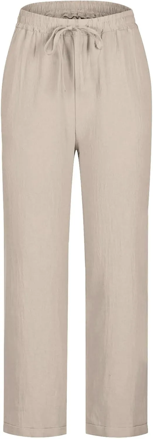 Summer Beach Pants for Women Linen Elastic High Waist Straight Leg Light Causal Cool Lounge Trousers Women Pajamas