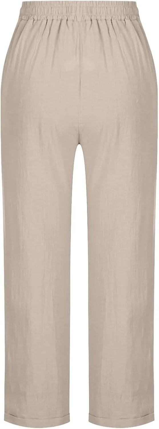 Summer Beach Pants for Women Linen Elastic High Waist Straight Leg Light Causal Cool Lounge Trousers Women Pajamas