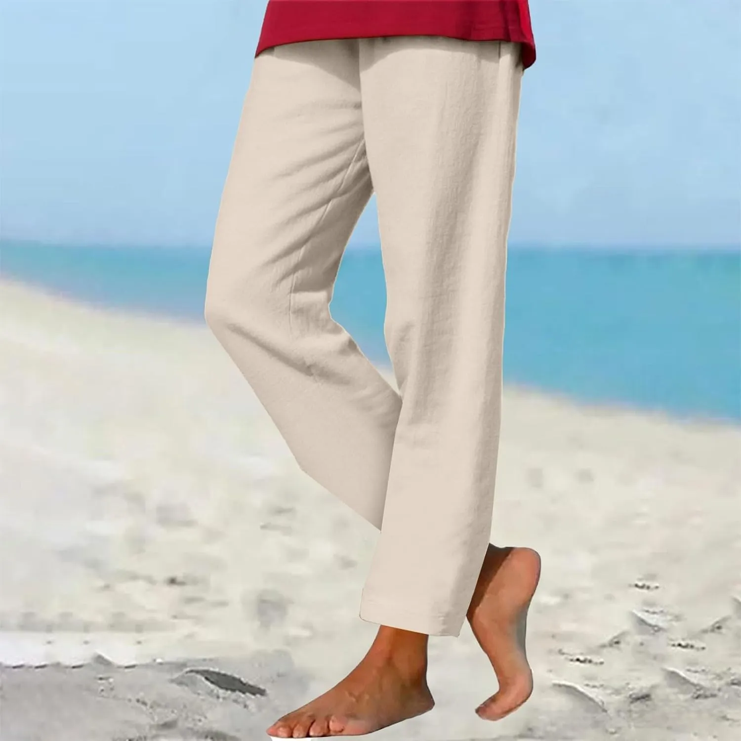 Summer Beach Pants for Women Linen Elastic High Waist Straight Leg Light Causal Cool Lounge Trousers Women Pajamas