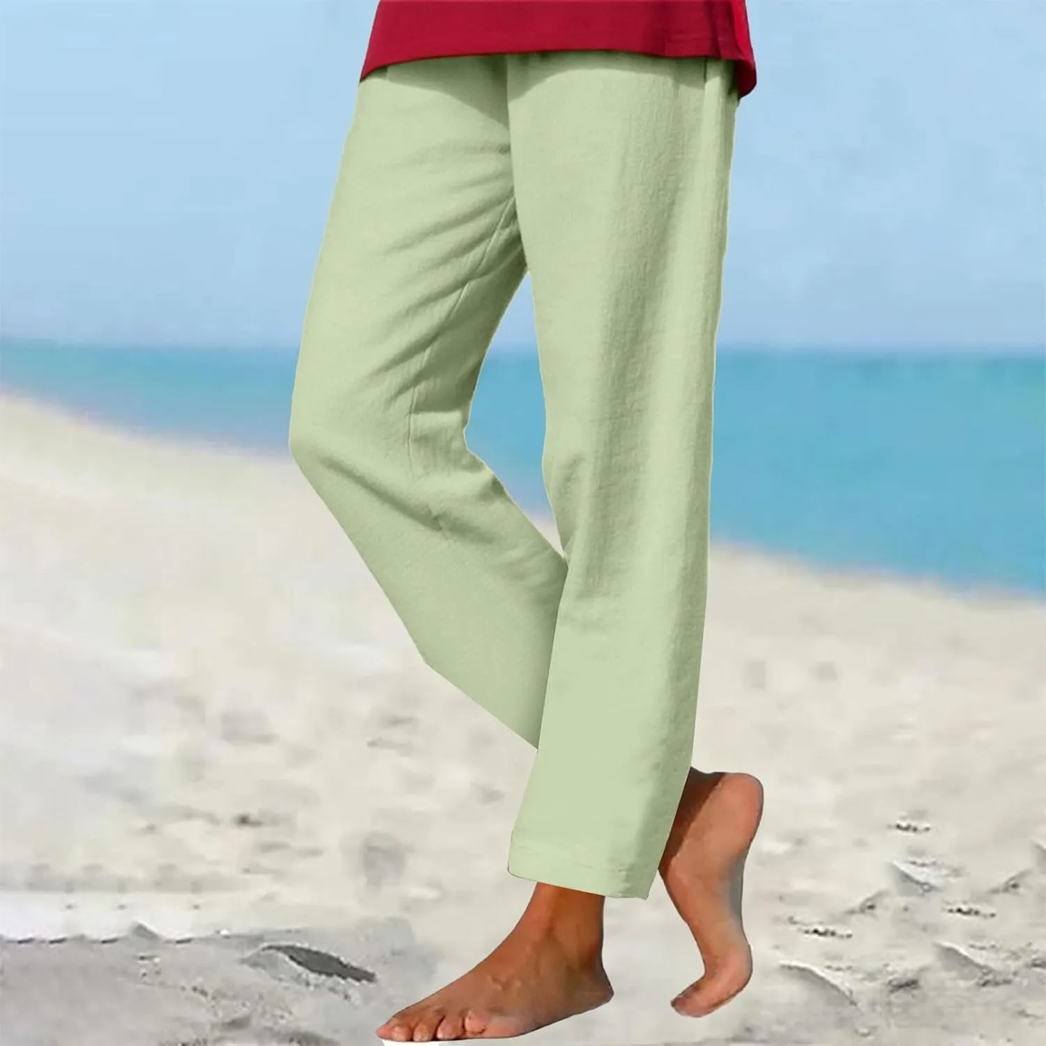 Summer Beach Pants for Women Linen Elastic High Waist Straight Leg Light Causal Cool Lounge Trousers Women Pajamas
