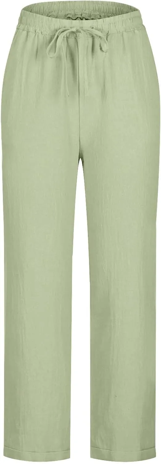 Summer Beach Pants for Women Linen Elastic High Waist Straight Leg Light Causal Cool Lounge Trousers Women Pajamas