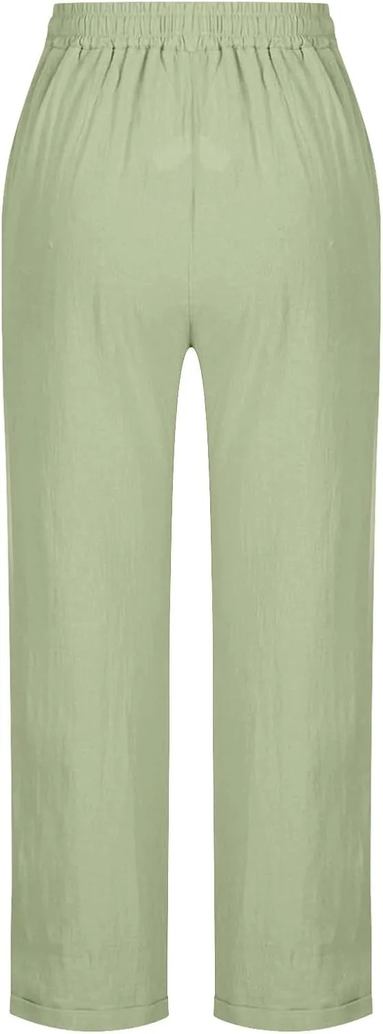 Summer Beach Pants for Women Linen Elastic High Waist Straight Leg Light Causal Cool Lounge Trousers Women Pajamas