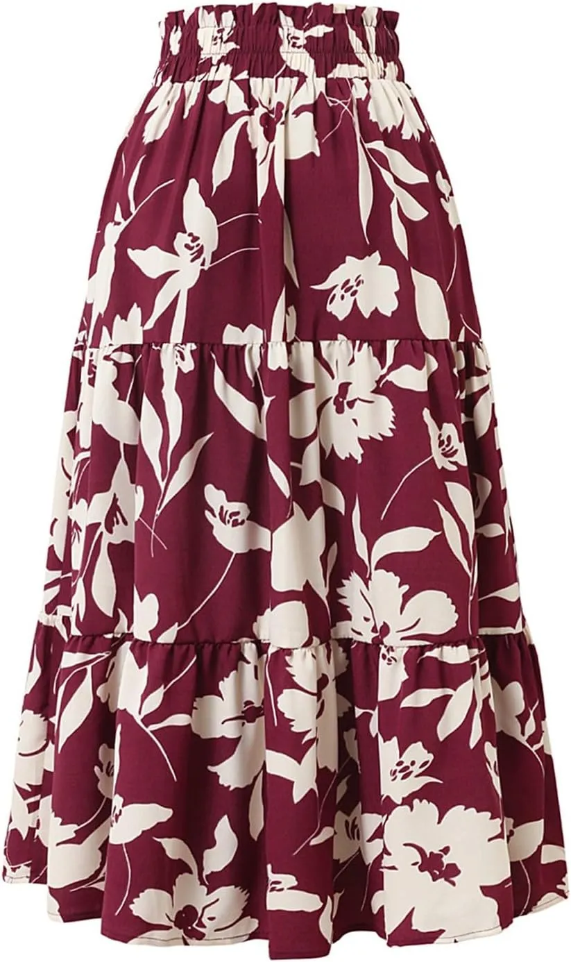 Summer Floral Maxi Skirt for Women Comfy Elastic High Waisted Plus Size Vacation Flowy Swing Midi Skirts Clothes