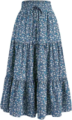 Summer Floral Maxi Skirt for Women Comfy Elastic High Waisted Plus Size Vacation Flowy Swing Midi Skirts Clothes