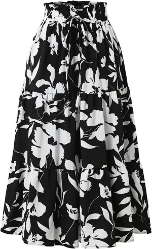 Summer Floral Maxi Skirt for Women Comfy Elastic High Waisted Plus Size Vacation Flowy Swing Midi Skirts Clothes