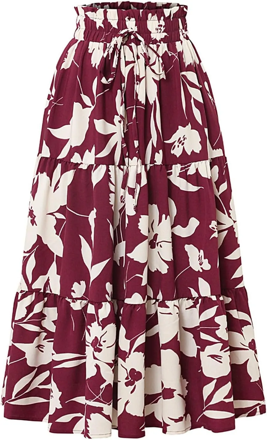 Summer Floral Maxi Skirt for Women Comfy Elastic High Waisted Plus Size Vacation Flowy Swing Midi Skirts Clothes
