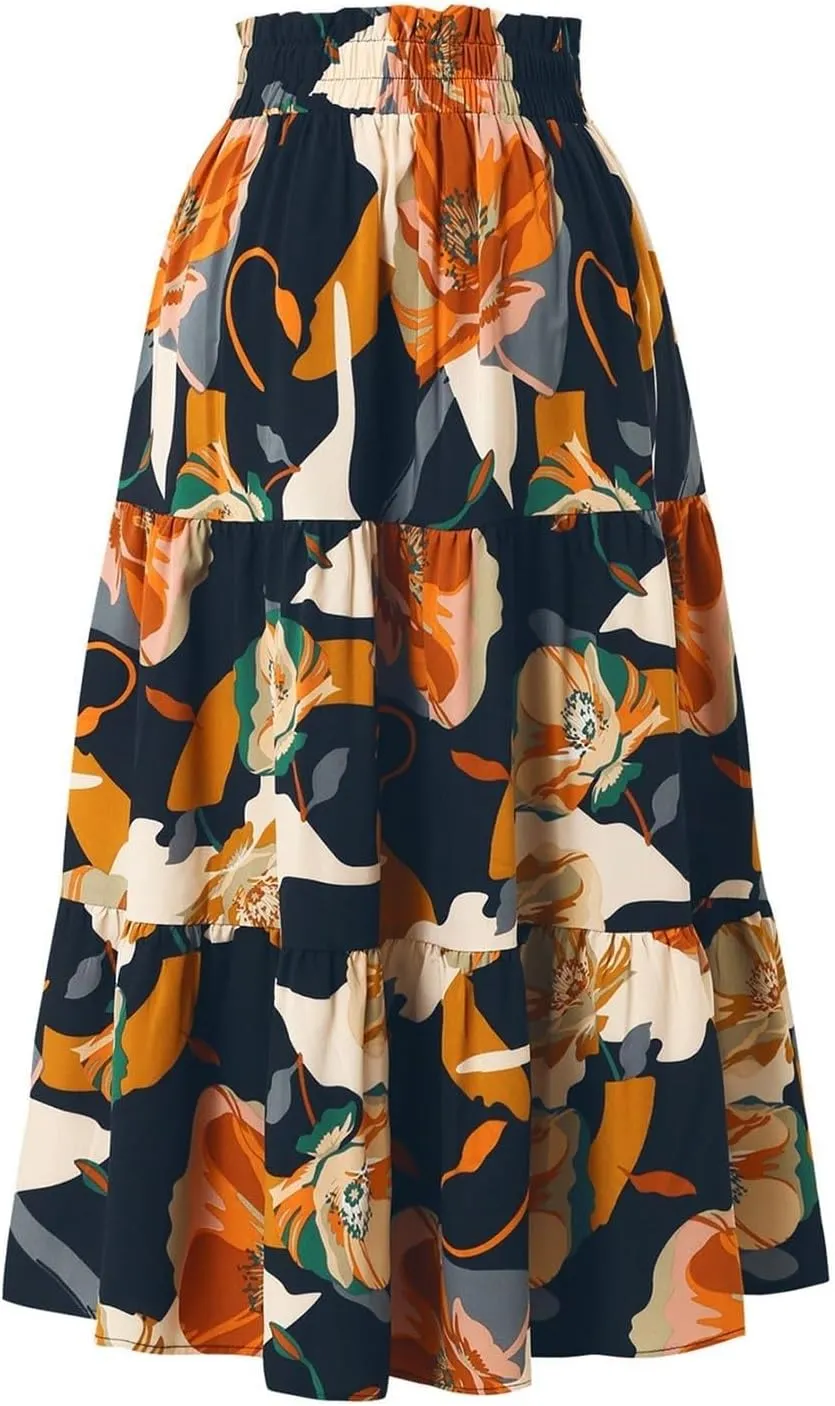 Summer Floral Maxi Skirt for Women Comfy Elastic High Waisted Plus Size Vacation Flowy Swing Midi Skirts Clothes