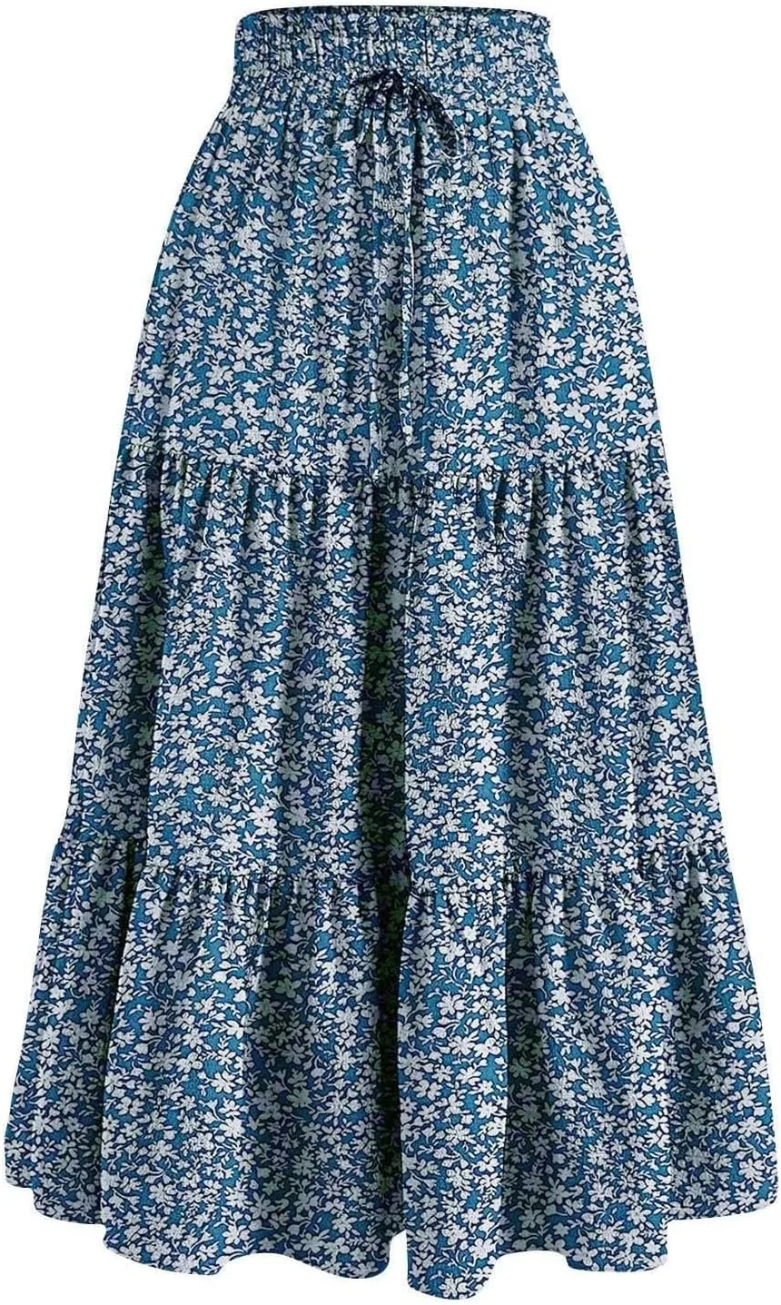 Summer Floral Maxi Skirt for Women Comfy Elastic High Waisted Plus Size Vacation Flowy Swing Midi Skirts Clothes
