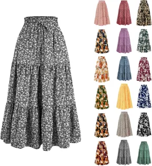Summer Floral Maxi Skirt for Women Comfy Elastic High Waisted Plus Size Vacation Flowy Swing Midi Skirts Clothes
