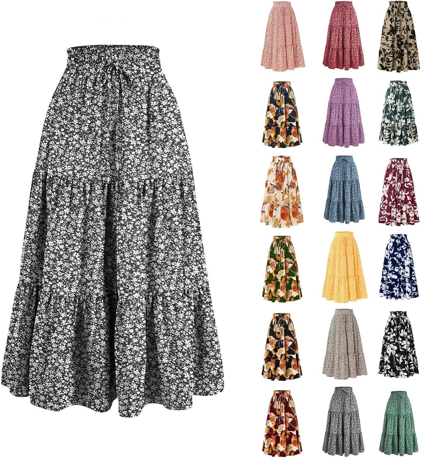 Summer Floral Maxi Skirt for Women Comfy Elastic High Waisted Plus Size Vacation Flowy Swing Midi Skirts Clothes