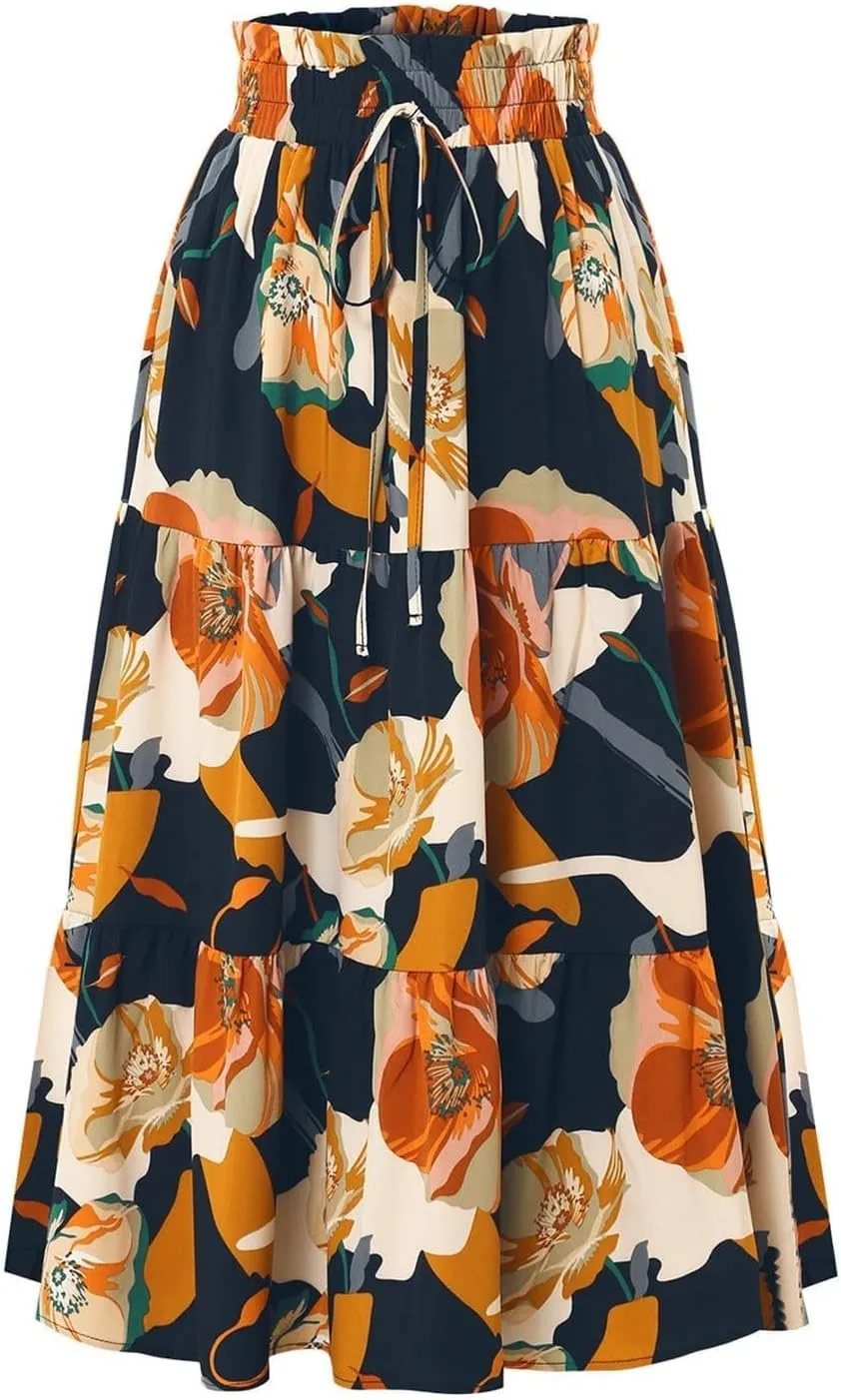 Summer Floral Maxi Skirt for Women Comfy Elastic High Waisted Plus Size Vacation Flowy Swing Midi Skirts Clothes