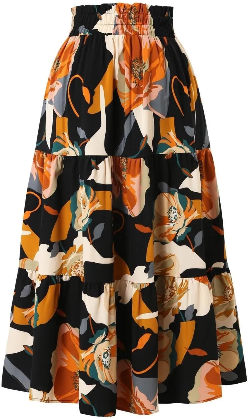 Summer Floral Maxi Skirt for Women Comfy Elastic High Waisted Plus Size Vacation Flowy Swing Midi Skirts Clothes