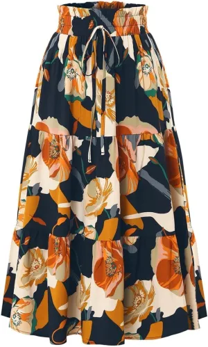 Summer Floral Maxi Skirt for Women Comfy Elastic High Waisted Plus Size Vacation Flowy Swing Midi Skirts Clothes