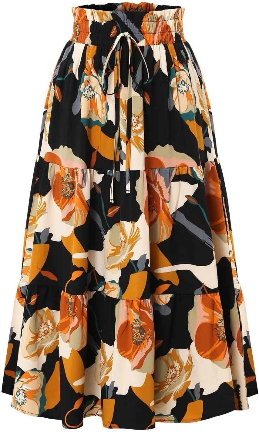 Summer Floral Maxi Skirt for Women Comfy Elastic High Waisted Plus Size Vacation Flowy Swing Midi Skirts Clothes