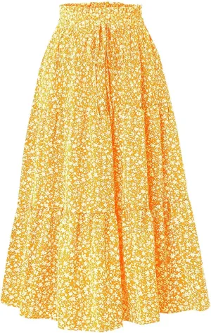 Summer Floral Maxi Skirt for Women Comfy Elastic High Waisted Plus Size Vacation Flowy Swing Midi Skirts Clothes