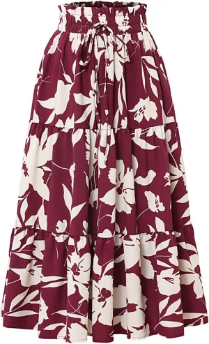 Summer Floral Maxi Skirt for Women Comfy Elastic High Waisted Plus Size Vacation Flowy Swing Midi Skirts Clothes