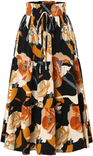 Summer Floral Maxi Skirt for Women Comfy Elastic High Waisted Plus Size Vacation Flowy Swing Midi Skirts Clothes