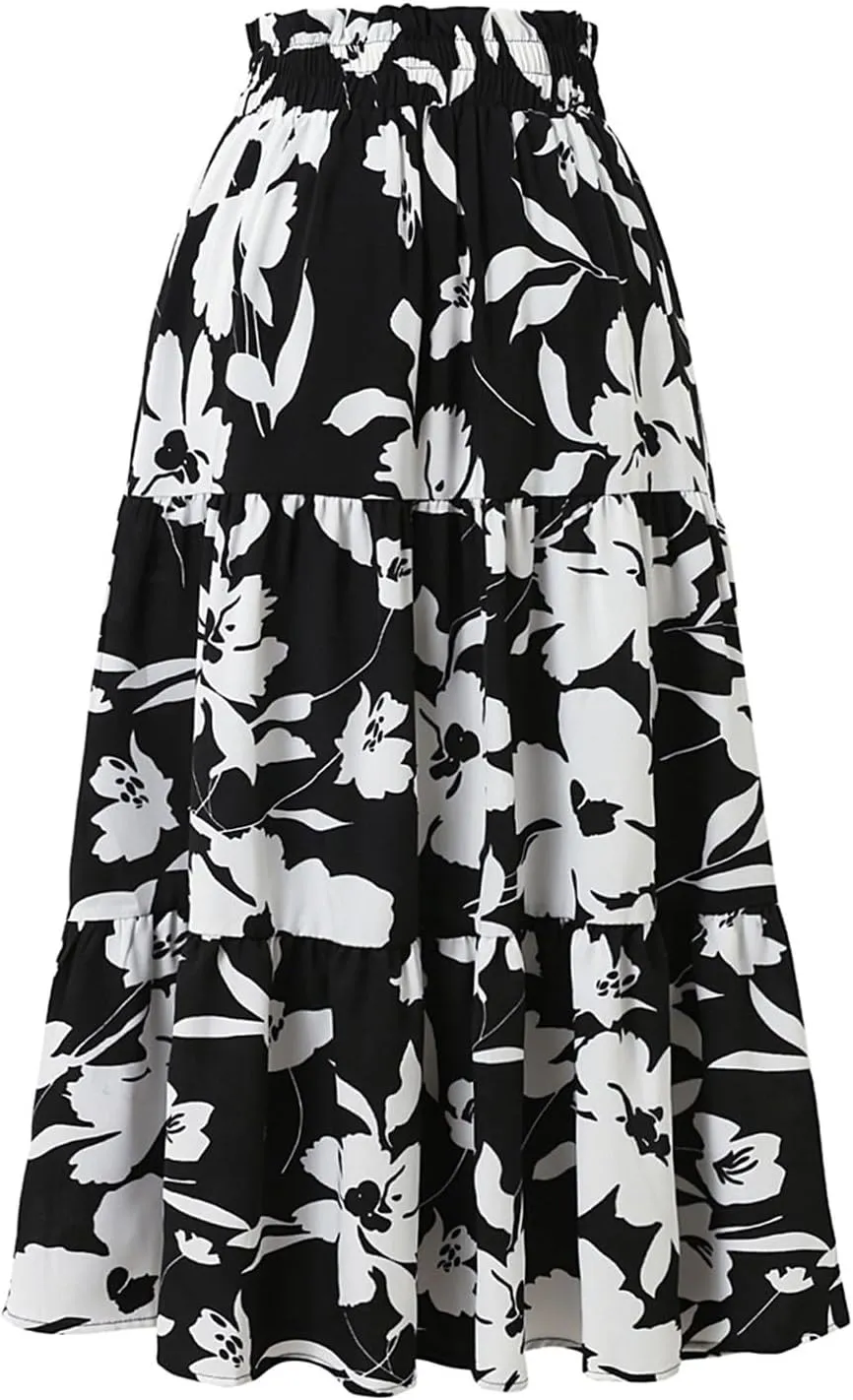 Summer Floral Maxi Skirt for Women Comfy Elastic High Waisted Plus Size Vacation Flowy Swing Midi Skirts Clothes
