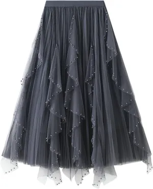 tuduoms Women's Long Tulle Tutu Skirt High Waist Pleated Layered Midi Skirt Sequin Flowy Maxi Skirt Dress for Wedding Party