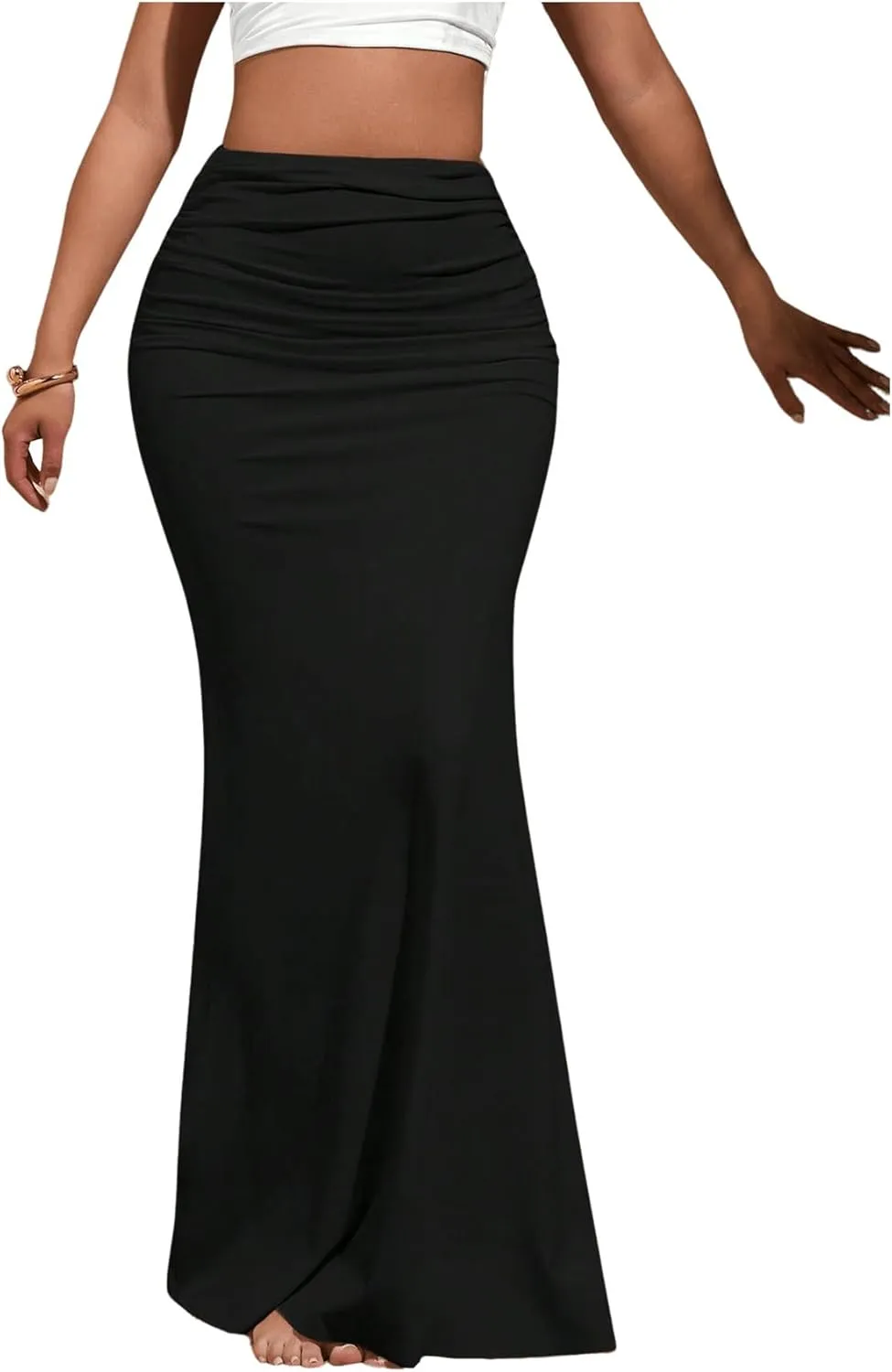 Verdusa Women's Ruched Fishtail Maxi Skirt Elastic High Waisted Long Bodycon Skirts