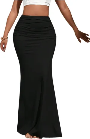 Verdusa Women's Ruched Fishtail Maxi Skirt Elastic High Waisted Long Bodycon Skirts