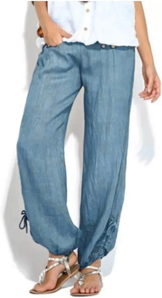Wide Leg Pants for Womens Summer Linen Light Weight Fashion Trousers Loose High Waist Elastic Pants with Pockets