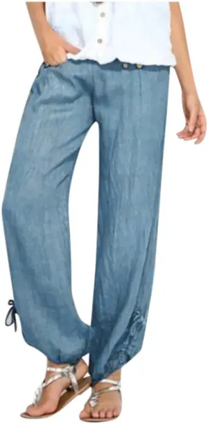 Wide Leg Pants for Womens Summer Linen Light Weight Fashion Trousers Loose High Waist Elastic Pants with Pockets