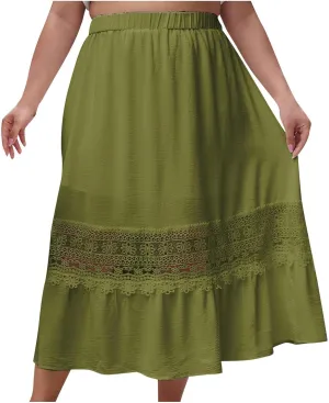 Women Summer Casual Midi Skirt, Fashion Hollow Out Embroidery Loose Clothes Elastic Waist Comfy Beach Vacation Skirts