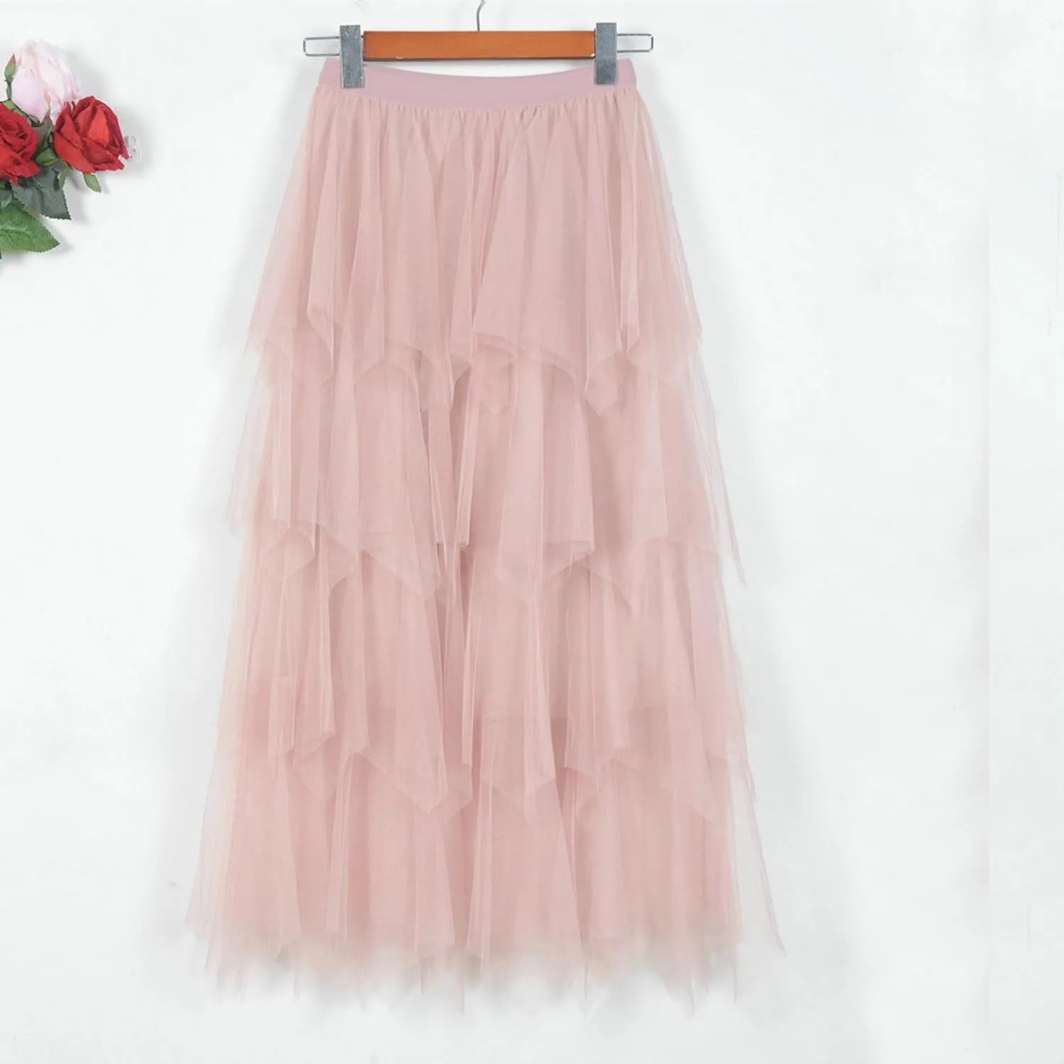 Women Tulle Skirts Layered Tutu Skirt Midi Length Elastic High Waist A Line Skirt Party Evening Mesh Skirt 2025