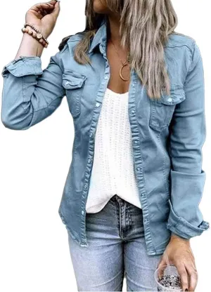 Womens Casual Long Sleeve Button Down Blouse Shirt Slim Solid Denim Jacket Tops