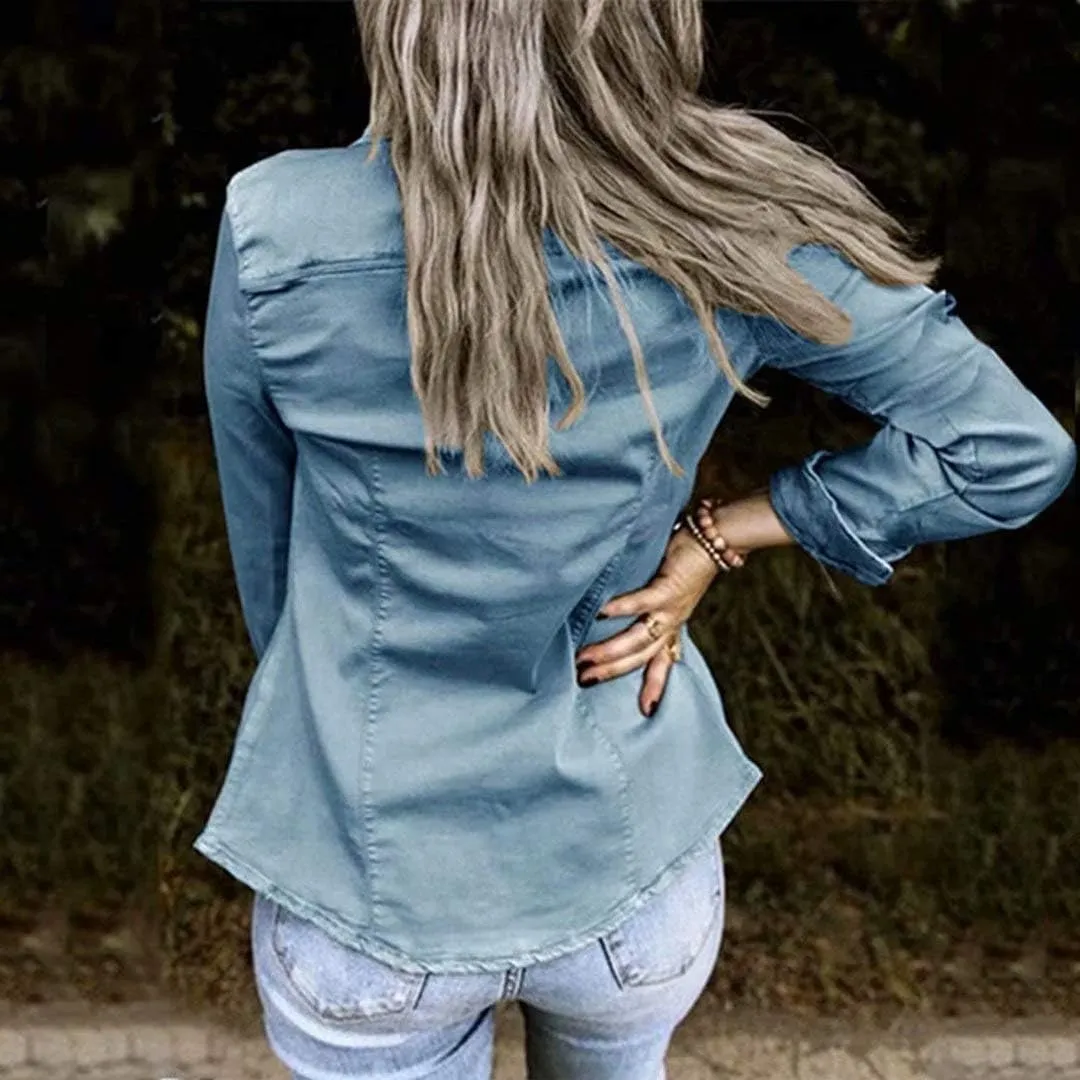 Womens Casual Long Sleeve Button Down Blouse Shirt Slim Solid Denim Jacket Tops