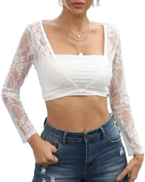 Women's Crop Top Long Sleeve Shrug Lace Short Blouse Shrug Sexy Lace Lining Cardigan Sheer Cover Up