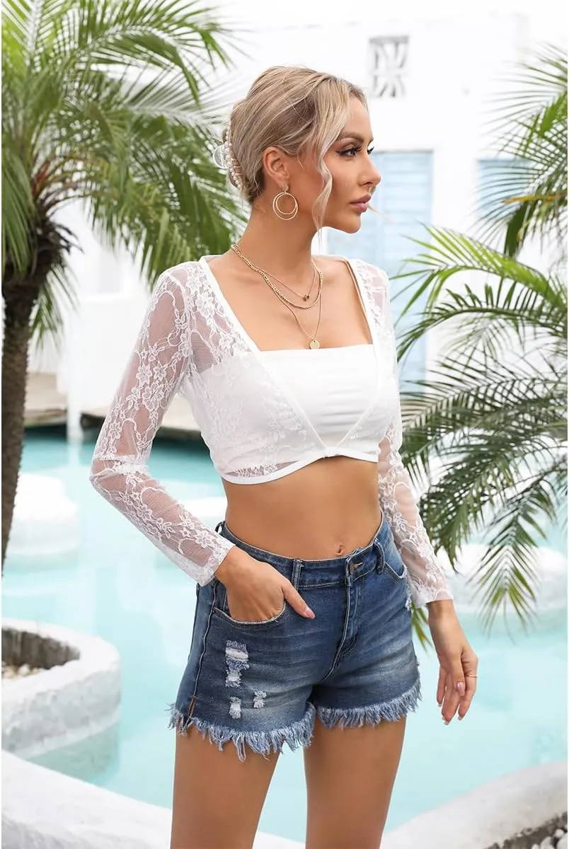 Women's Crop Top Long Sleeve Shrug Lace Short Blouse Shrug Sexy Lace Lining Cardigan Sheer Cover Up