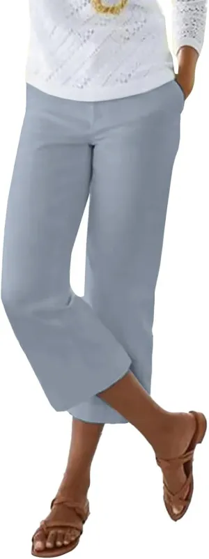 Women's Linen Pants for Summer Elastic Waist Wide Leg Cropped Pants Casual Flared Capris Lounge Trousers with Pockets