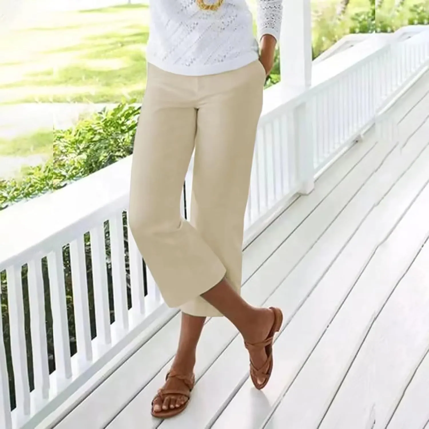 Women's Linen Pants for Summer Elastic Waist Wide Leg Cropped Pants Casual Flared Capris Lounge Trousers with Pockets
