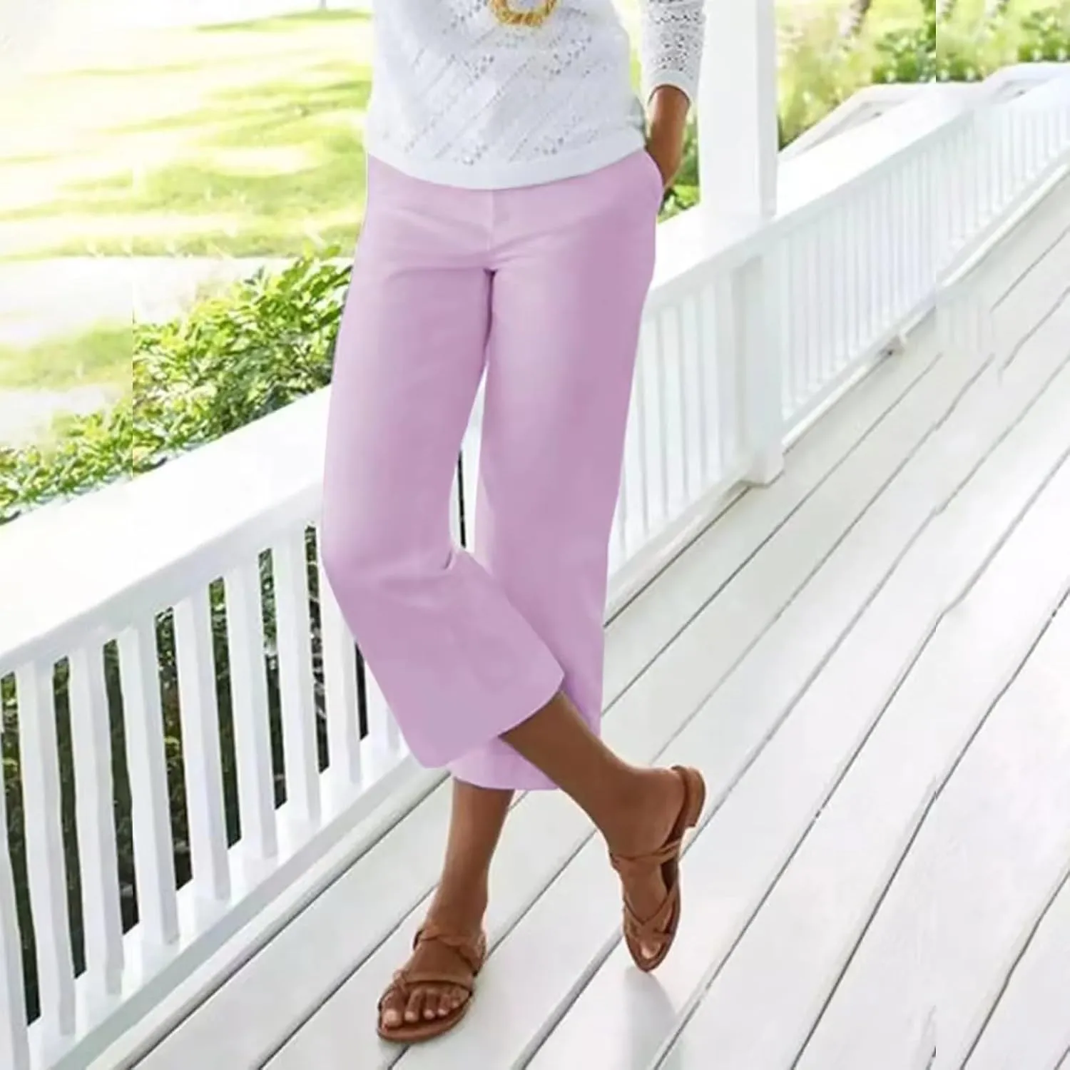 Women's Linen Pants for Summer Elastic Waist Wide Leg Cropped Pants Casual Flared Capris Lounge Trousers with Pockets