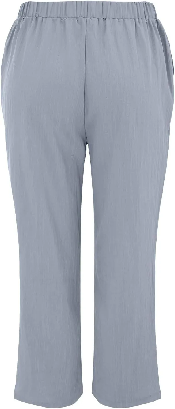 Women's Linen Pants for Summer Elastic Waist Wide Leg Cropped Pants Casual Flared Capris Lounge Trousers with Pockets