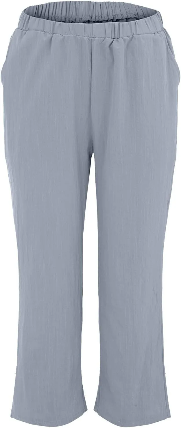 Women's Linen Pants for Summer Elastic Waist Wide Leg Cropped Pants Casual Flared Capris Lounge Trousers with Pockets