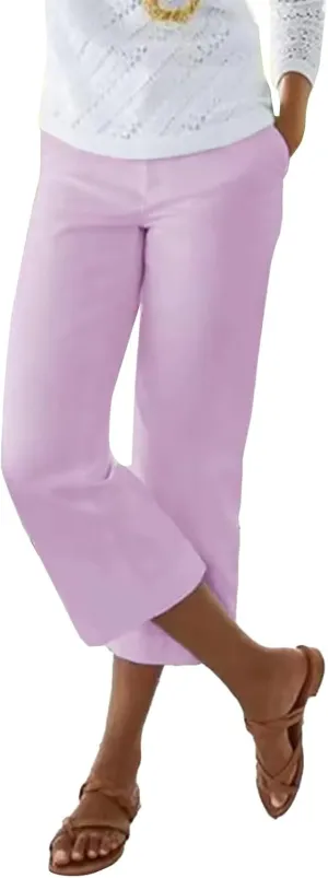 Women's Linen Pants for Summer Elastic Waist Wide Leg Cropped Pants Casual Flared Capris Lounge Trousers with Pockets