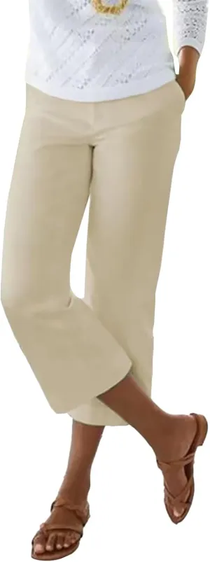Women's Linen Pants for Summer Elastic Waist Wide Leg Cropped Pants Casual Flared Capris Lounge Trousers with Pockets