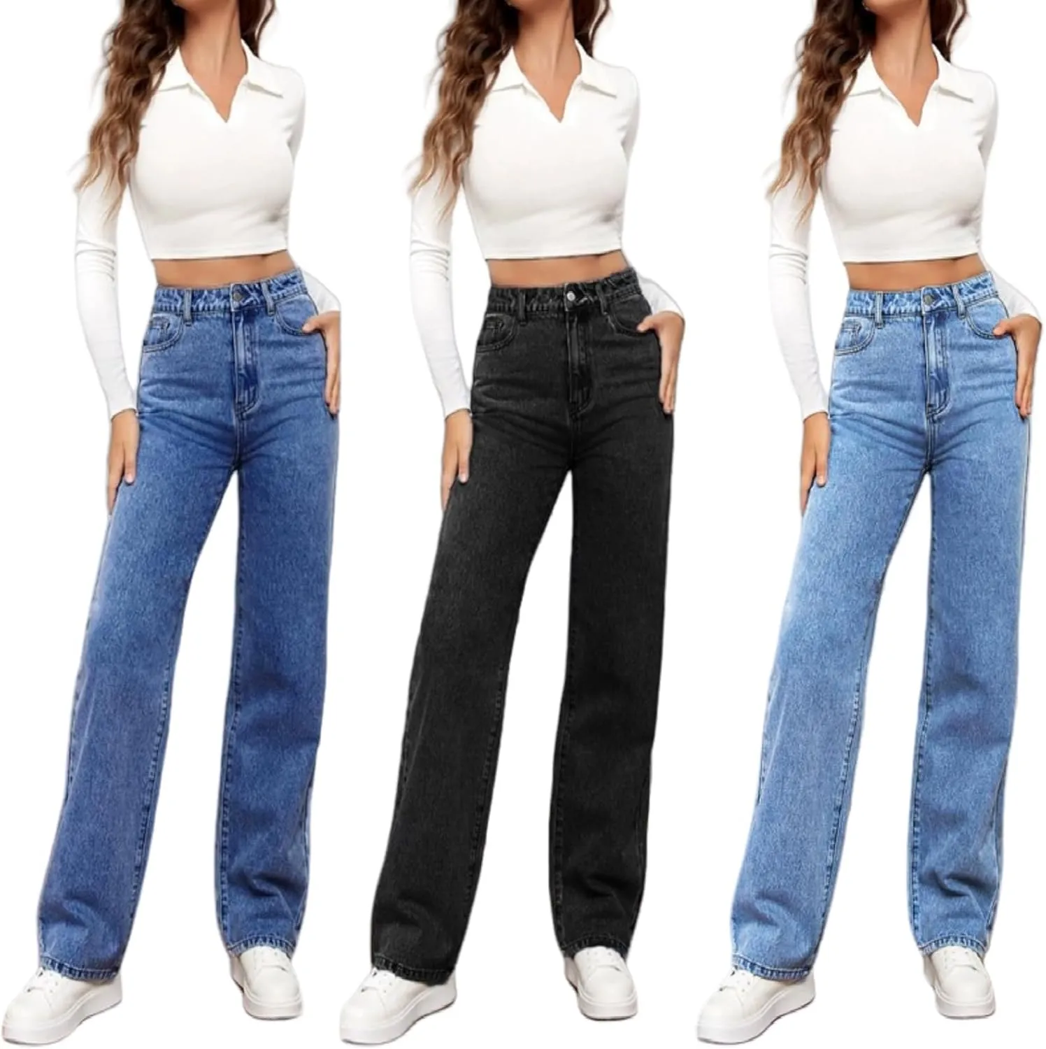 Womens Minimalist Jeans, High Waisted Straight,Distressed High Waist Baggy Denim Pants Wide Leg Straight Trousers