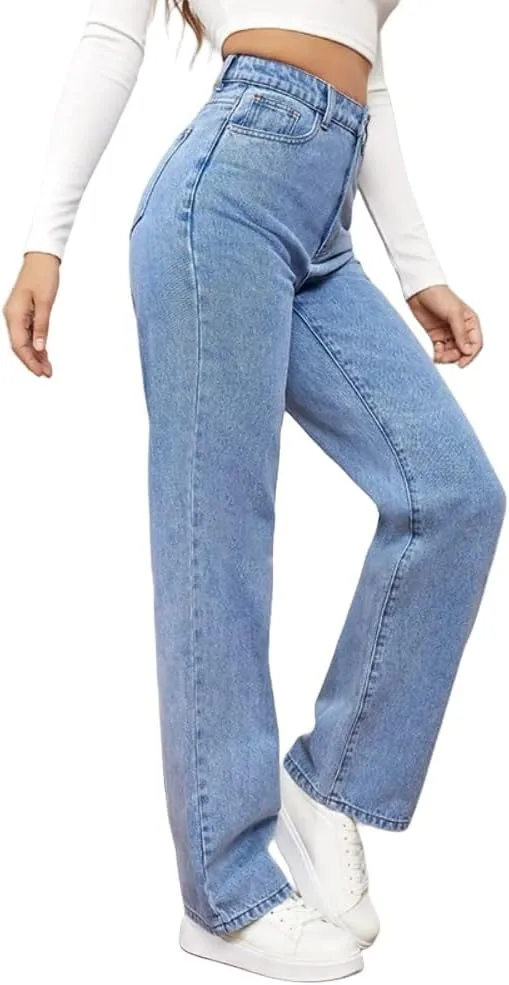 Womens Minimalist Jeans, High Waisted Straight,Distressed High Waist Baggy Denim Pants Wide Leg Straight Trousers