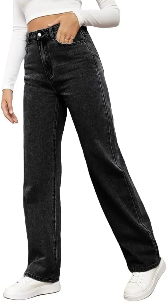 Womens Minimalist Jeans, High Waisted Straight,Distressed High Waist Baggy Denim Pants Wide Leg Straight Trousers