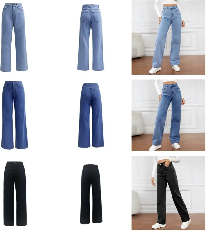 Womens Minimalist Jeans, High Waisted Straight,Distressed High Waist Baggy Denim Pants Wide Leg Straight Trousers