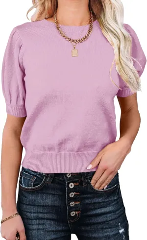Womens Puff Short Sleeve Sweater Tops Crewneck Basic Knit Pullover Lightweight Solid Casual Sweaters Blouse