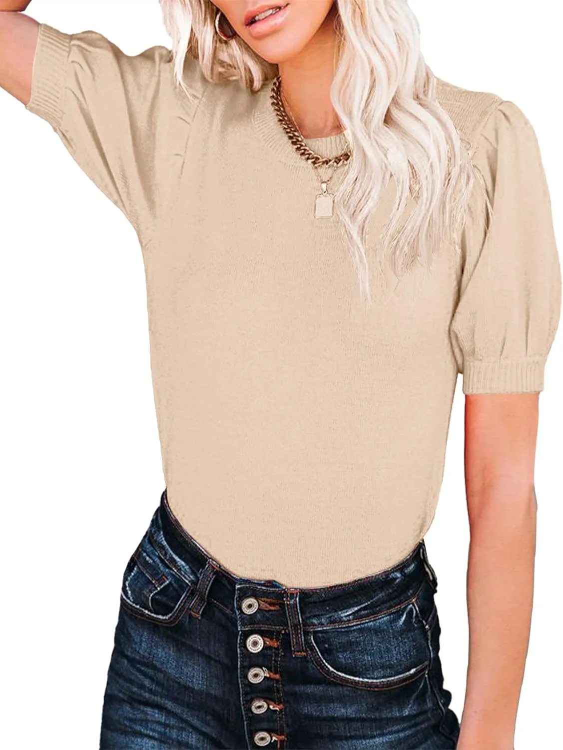 Womens Puff Short Sleeve Sweater Tops Crewneck Basic Knit Pullover Lightweight Solid Casual Sweaters Blouse