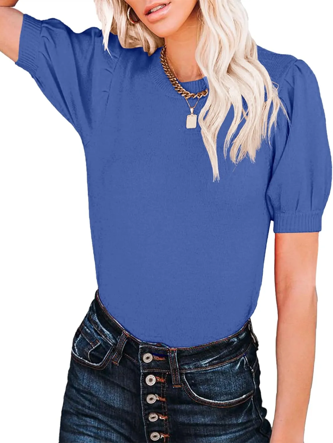 Womens Puff Short Sleeve Sweater Tops Crewneck Basic Knit Pullover Lightweight Solid Casual Sweaters Blouse