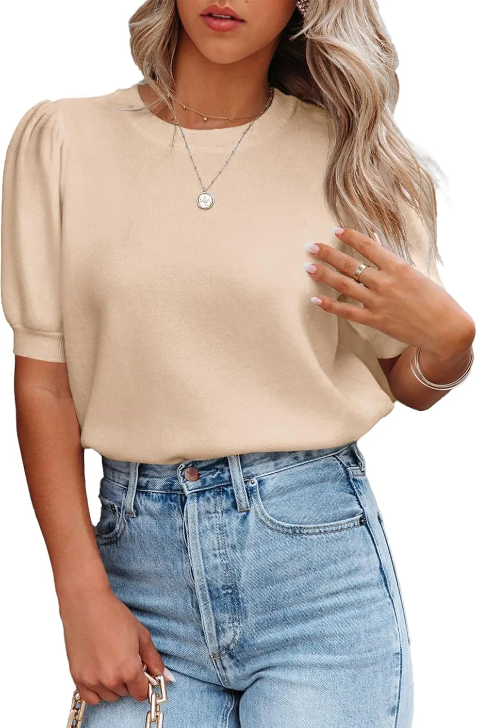 Womens Puff Short Sleeve Sweater Tops Crewneck Basic Knit Pullover Lightweight Solid Casual Sweaters Blouse
