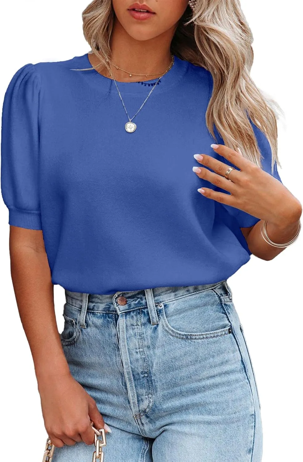 Womens Puff Short Sleeve Sweater Tops Crewneck Basic Knit Pullover Lightweight Solid Casual Sweaters Blouse
